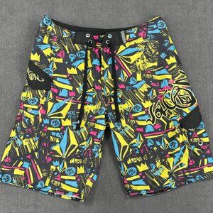 Volcom Board Shorts Men 34 Black Bright Graffiti Print Surf Skate Streetwear